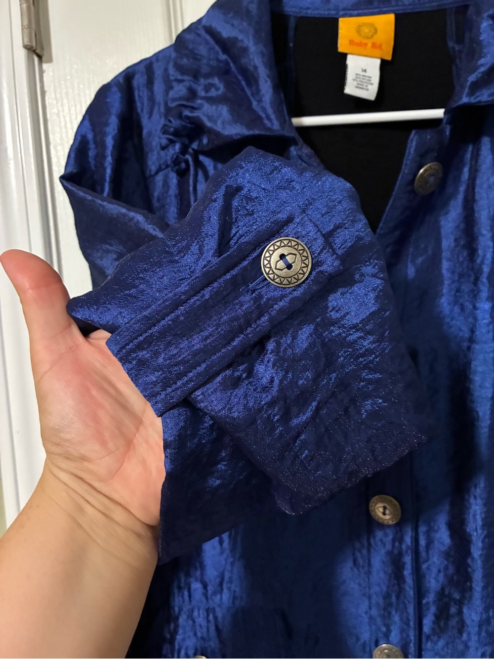 Ruby Rd. Shiny Royal Blue Button-Front Jacket - Picture 2 of 5